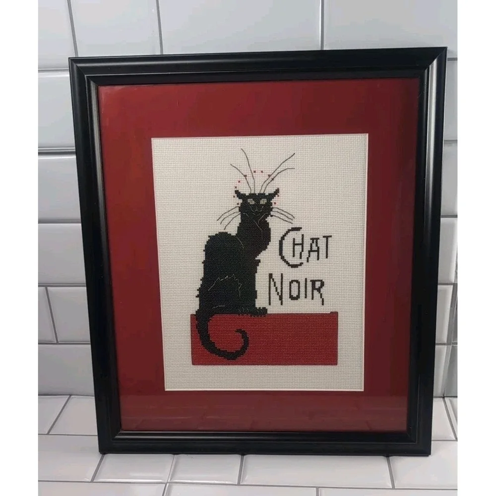 Mod Vintage Le Chat Noir Black Cat Framed/Matted Needlepoint Wall Art Handmade